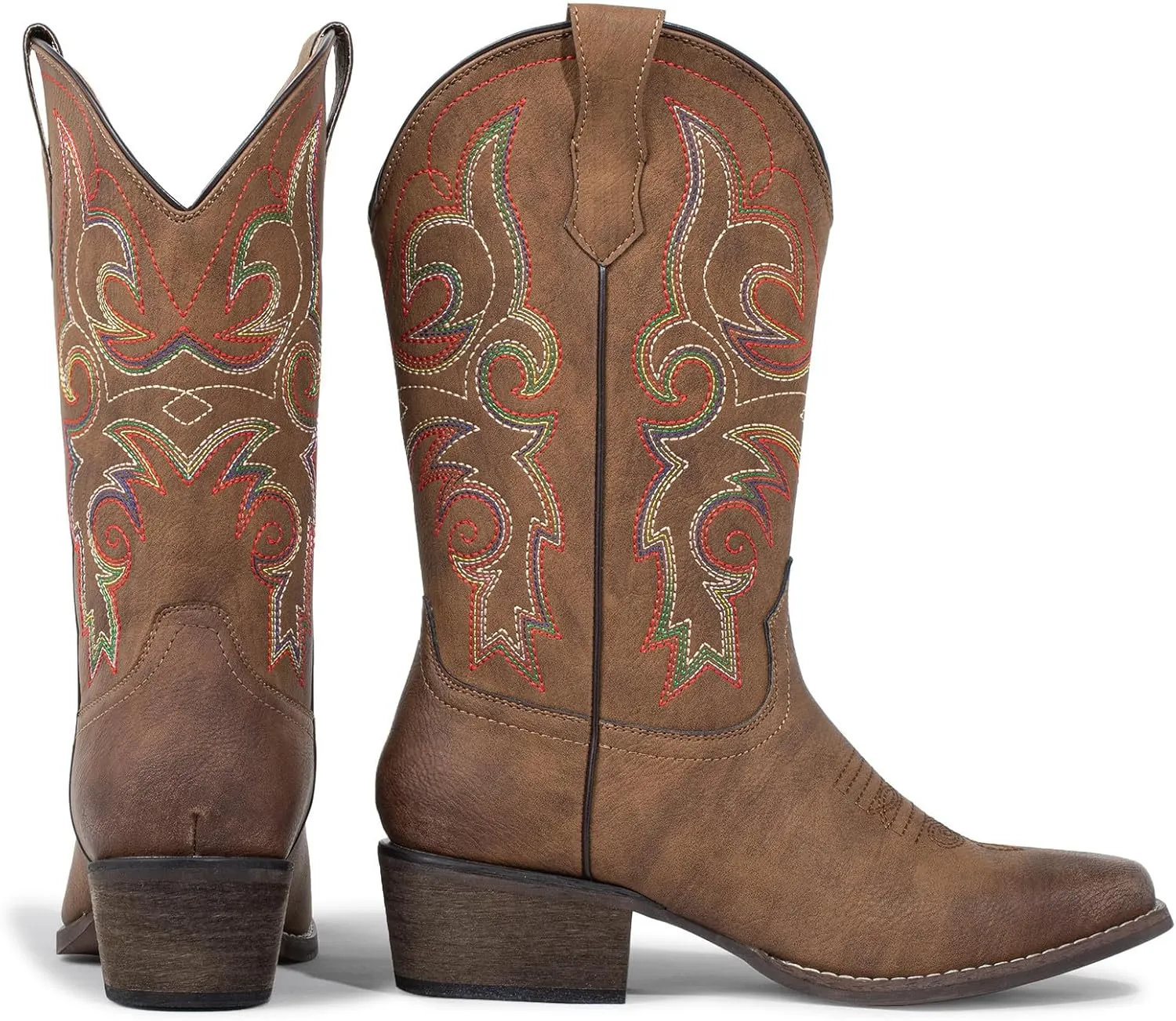 J's.o.l.e Women's Western Cowboy Boots Square Toe Embroidered Mid Calf Ladies Cowgirl Boot Brown