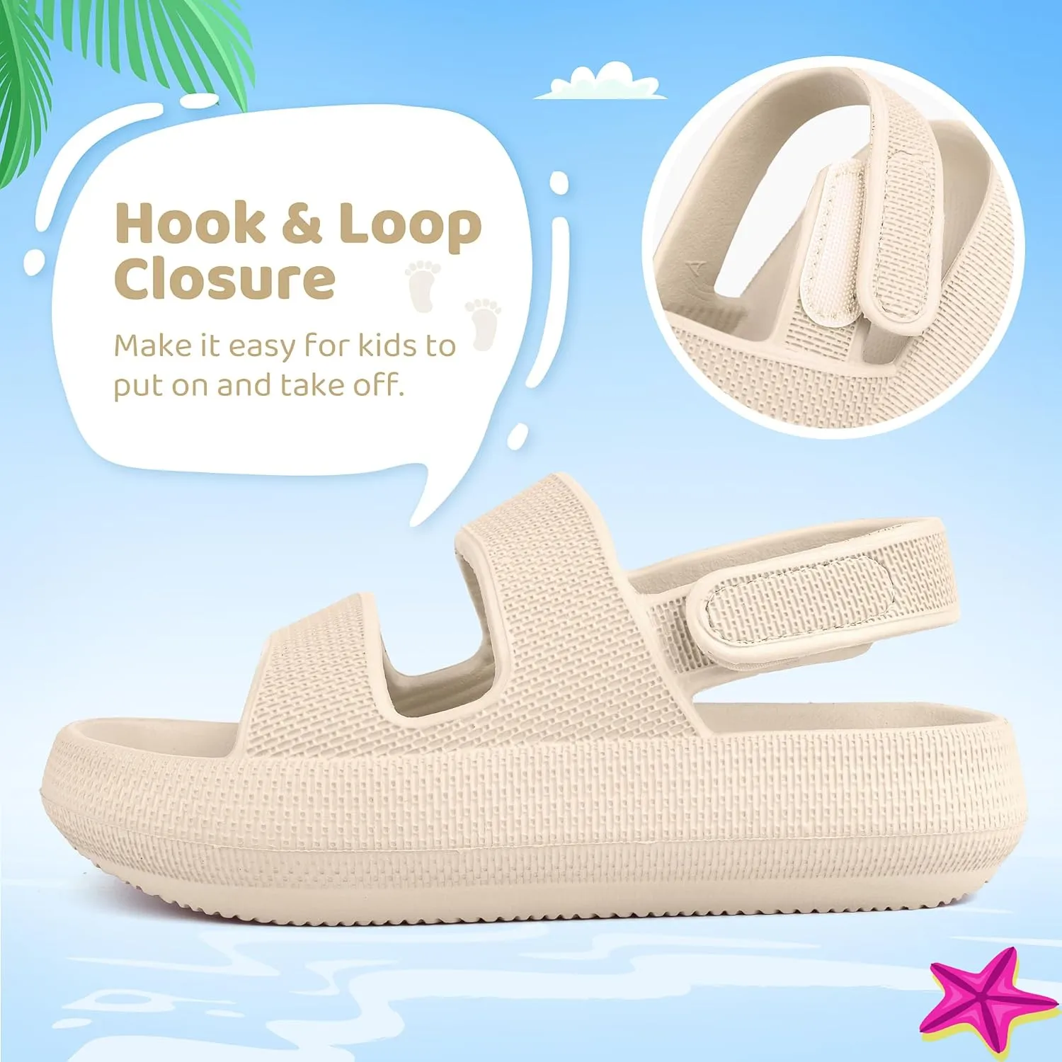 Kids Sandals Boys Girls Cloud Slide Sandals Open Toe Sports Sandals EVA Thick Sole Water Sandals with Hook and Loop Back Strap