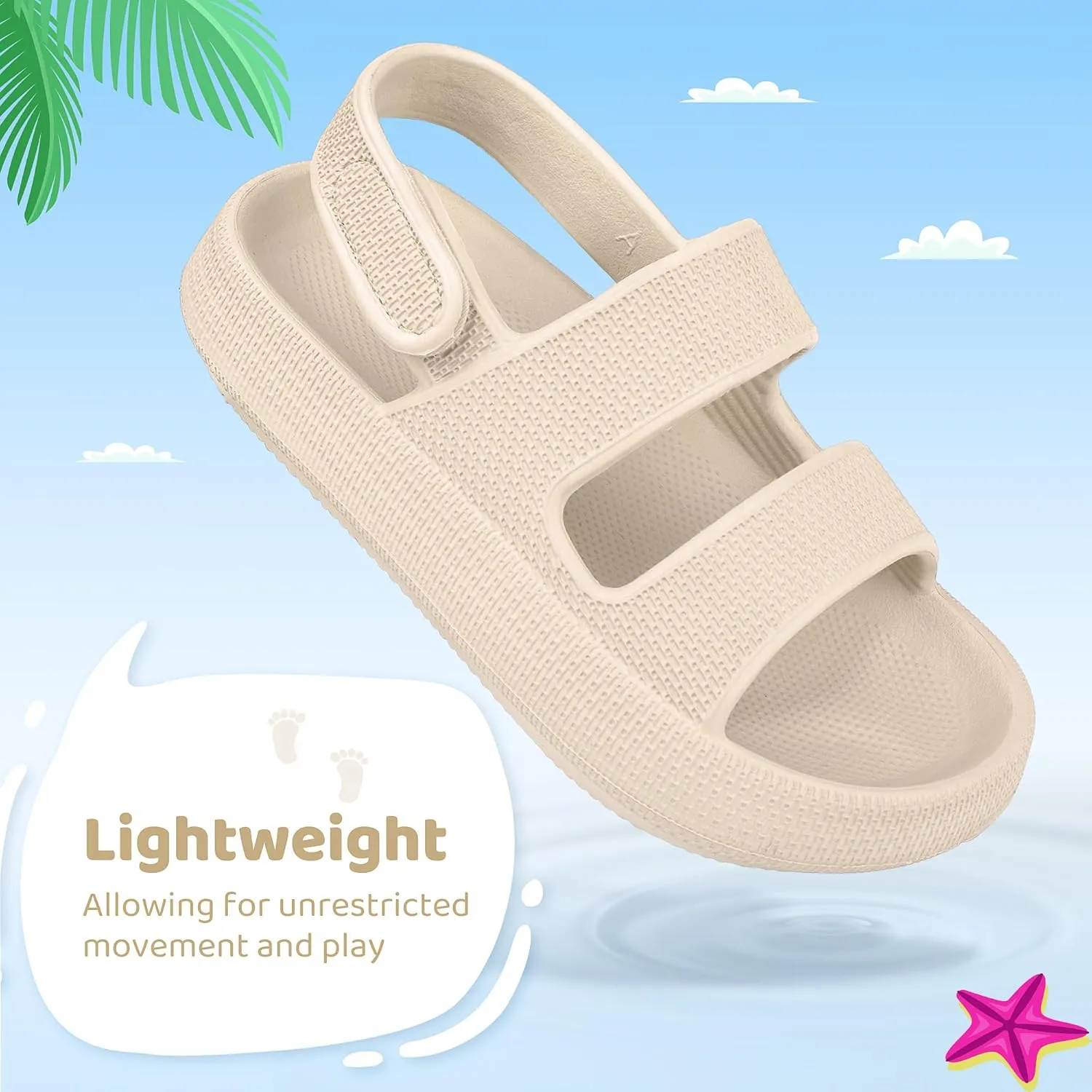 Kids Sandals Boys Girls Cloud Slide Sandals Open Toe Sports Sandals EVA Thick Sole Water Sandals with Hook and Loop Back Strap