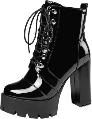 KIKIVIVI Womens Patent Leather Platform Chunky High Heel Lace Up Ankle Boots with Zipper