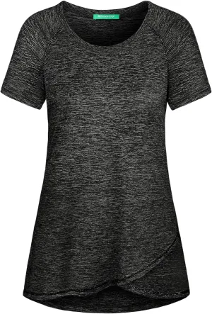 Kimmery Woman Raglan Sleeve Round Neck Irregular Hem Yoga Workout Shirt Sizes M-3XL