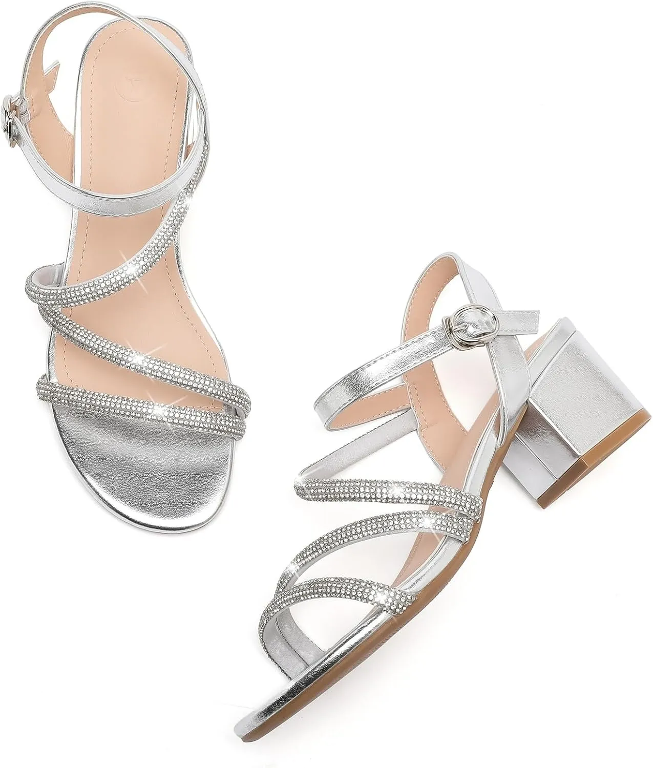 kkdom Women's Strappy Glitter Rhinestone Low Chunky Block Heel Sandals Open Toe Sparkle Bling Dress Shoes