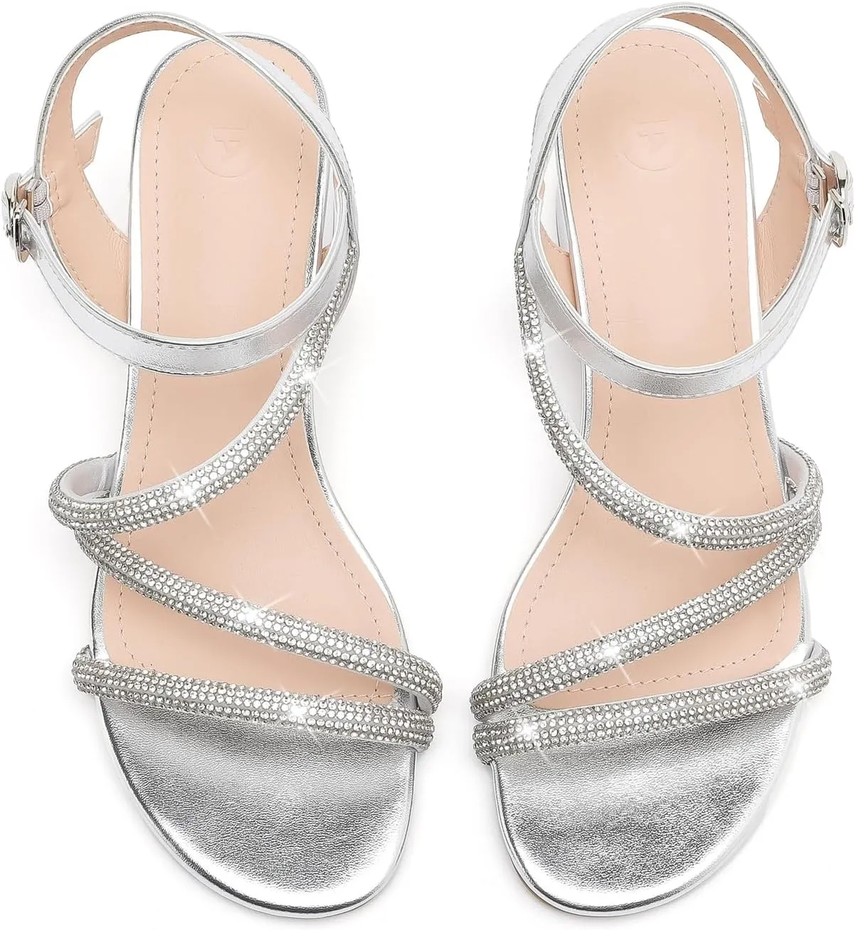 kkdom Women's Strappy Glitter Rhinestone Low Chunky Block Heel Sandals Open Toe Sparkle Bling Dress Shoes