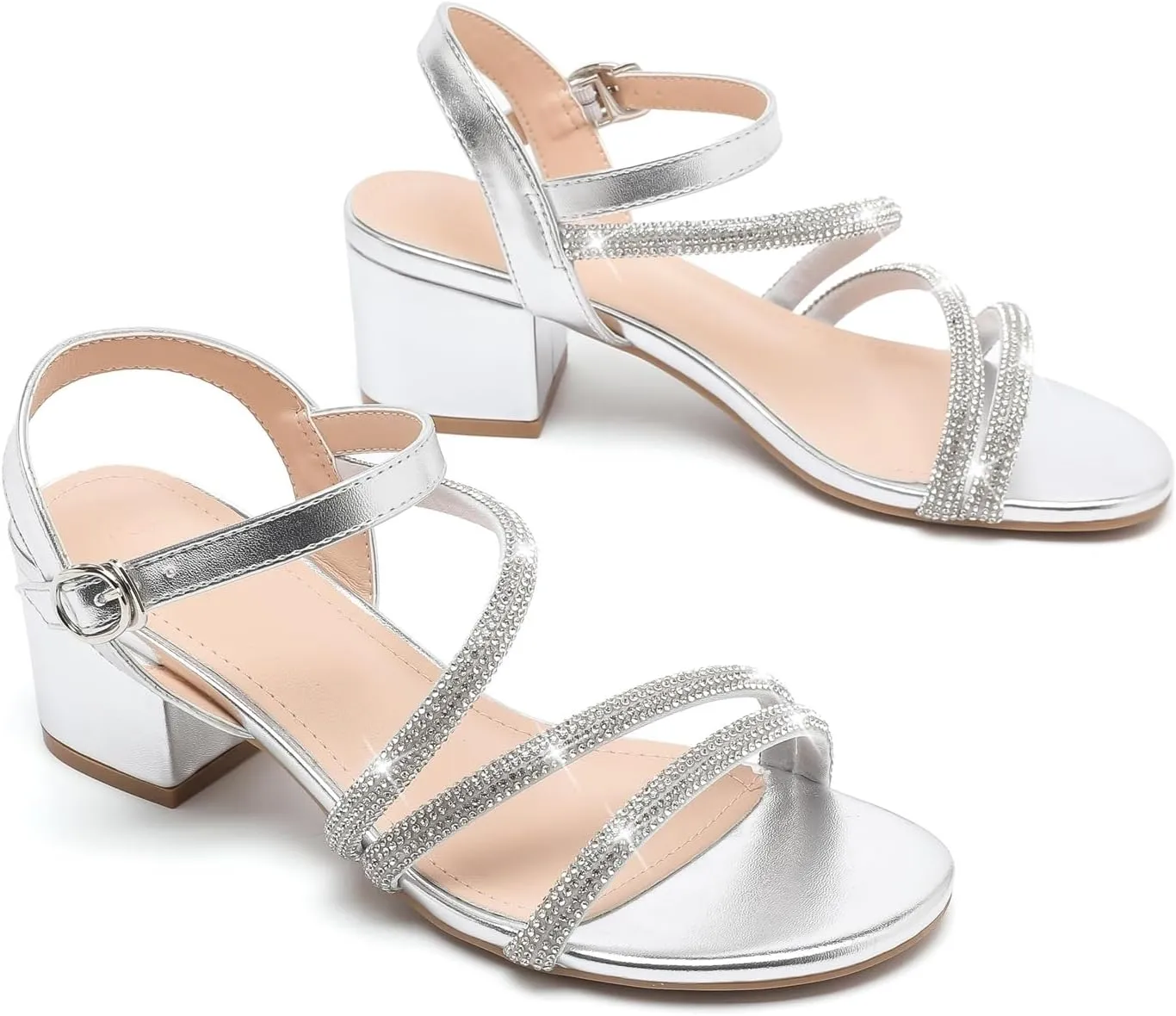kkdom Women's Strappy Glitter Rhinestone Low Chunky Block Heel Sandals Open Toe Sparkle Bling Dress Shoes