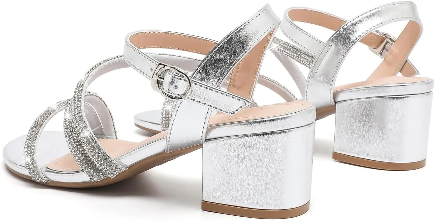 kkdom Women's Strappy Glitter Rhinestone Low Chunky Block Heel Sandals Open Toe Sparkle Bling Dress Shoes