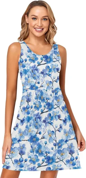 KLL Watercolor Blue Cherry Blossom Women Tank Dresses Swing A-Line Party Tshirt Sundresses Crewneck
