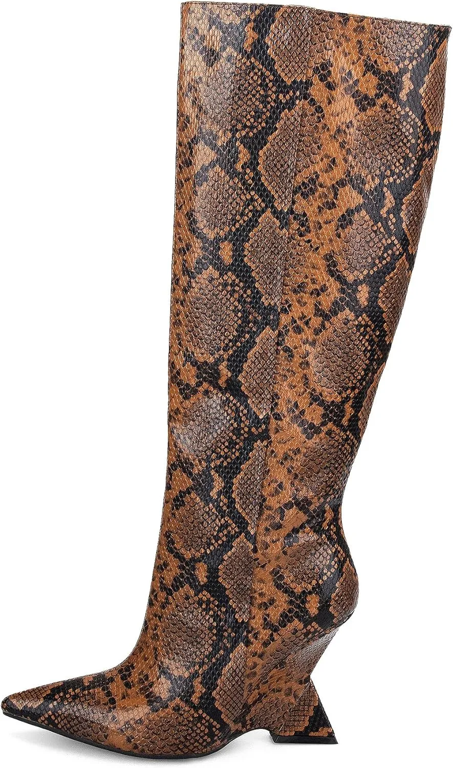 Kluolandi Womens Snake Print Knee High Boots Sexy Pointed Toe Pull On Strange Wedge Heel Tall Boots for Women