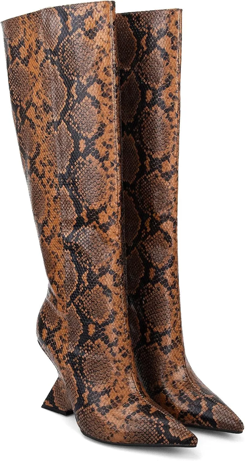 Kluolandi Womens Snake Print Knee High Boots Sexy Pointed Toe Pull On Strange Wedge Heel Tall Boots for Women