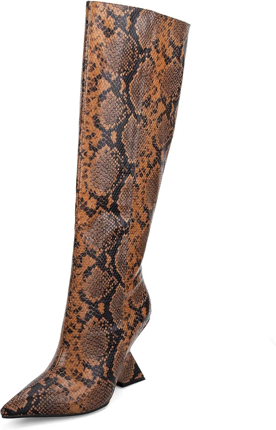 Kluolandi Womens Snake Print Knee High Boots Sexy Pointed Toe Pull On Strange Wedge Heel Tall Boots for Women