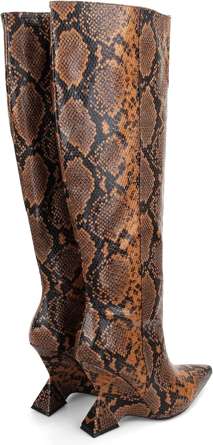 Kluolandi Womens Snake Print Knee High Boots Sexy Pointed Toe Pull On Strange Wedge Heel Tall Boots for Women