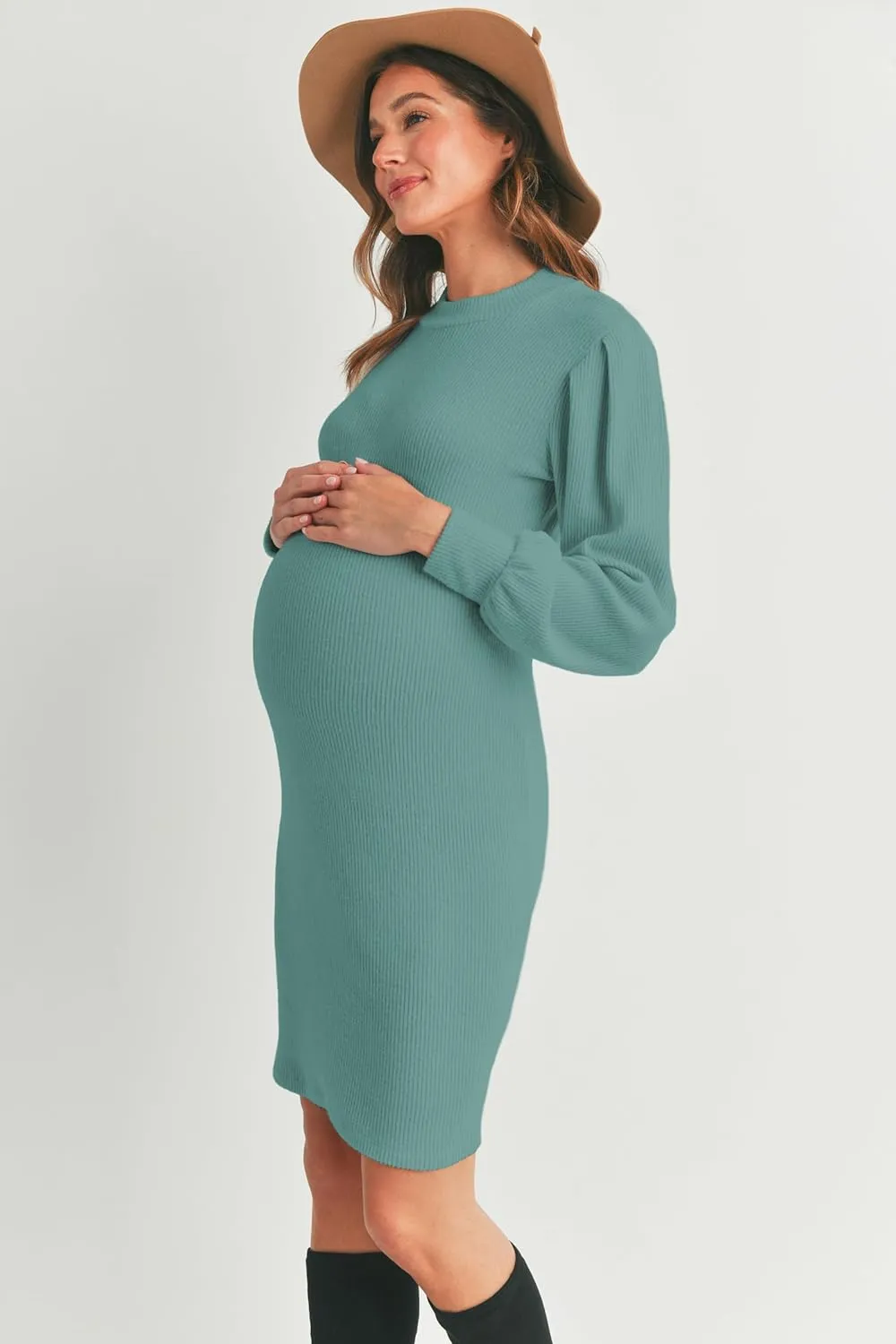 LaClef Womens Long Puff Sleeve Ribbed Knit Maternity Sweater Dress