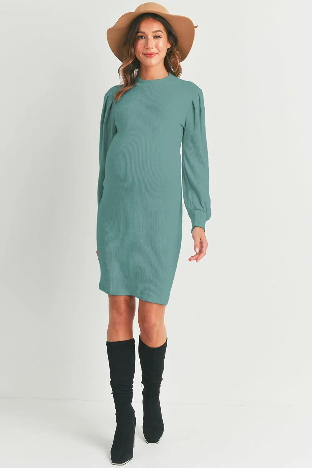 LaClef Womens Long Puff Sleeve Ribbed Knit Maternity Sweater Dress