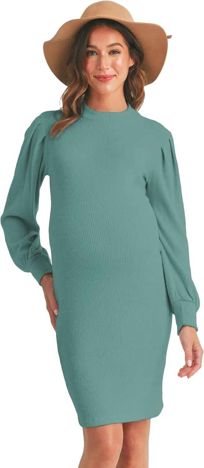 LaClef Womens Long Puff Sleeve Ribbed Knit Maternity Sweater Dress