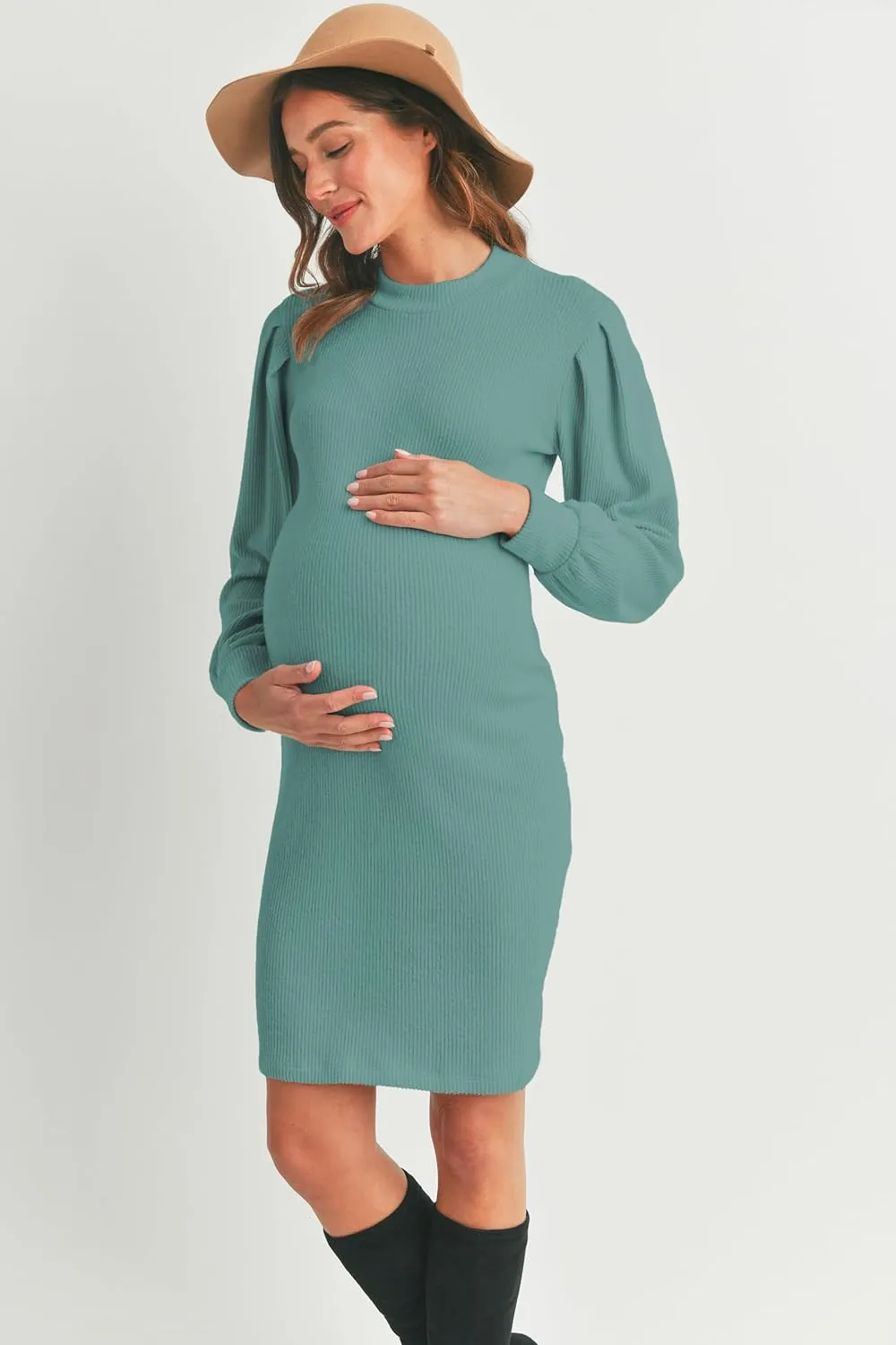 LaClef Womens Long Puff Sleeve Ribbed Knit Maternity Sweater Dress