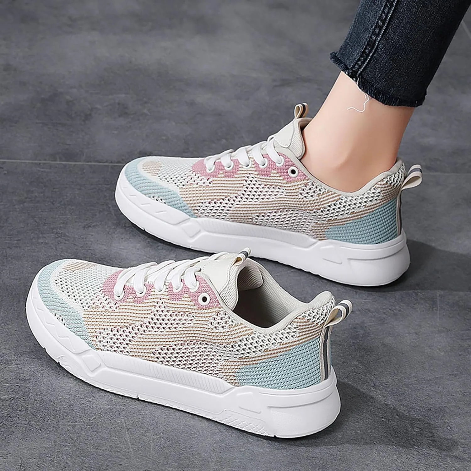 Ladies Fashion Solid Color Mesh Breathable Round Toe Lace Up Low Top Flat Womens Campus Shoes