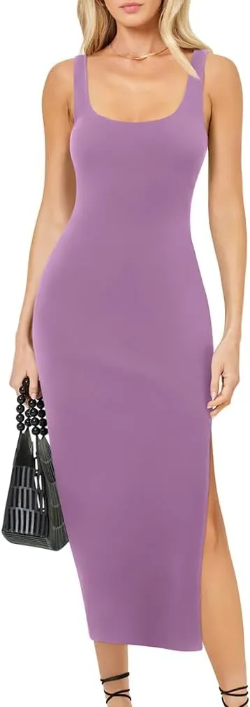 LAGSHIAN Women's Summer Bodycon Tank Dress Sexy Sleeveless Side Slit Midi Dresses