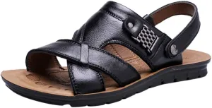 Leather Sandals for Men Dressy Orthopedic Sandals with Arch Support Wide Wdth Adjustable Buckle Sports Slides Cross Strap House Slippers
