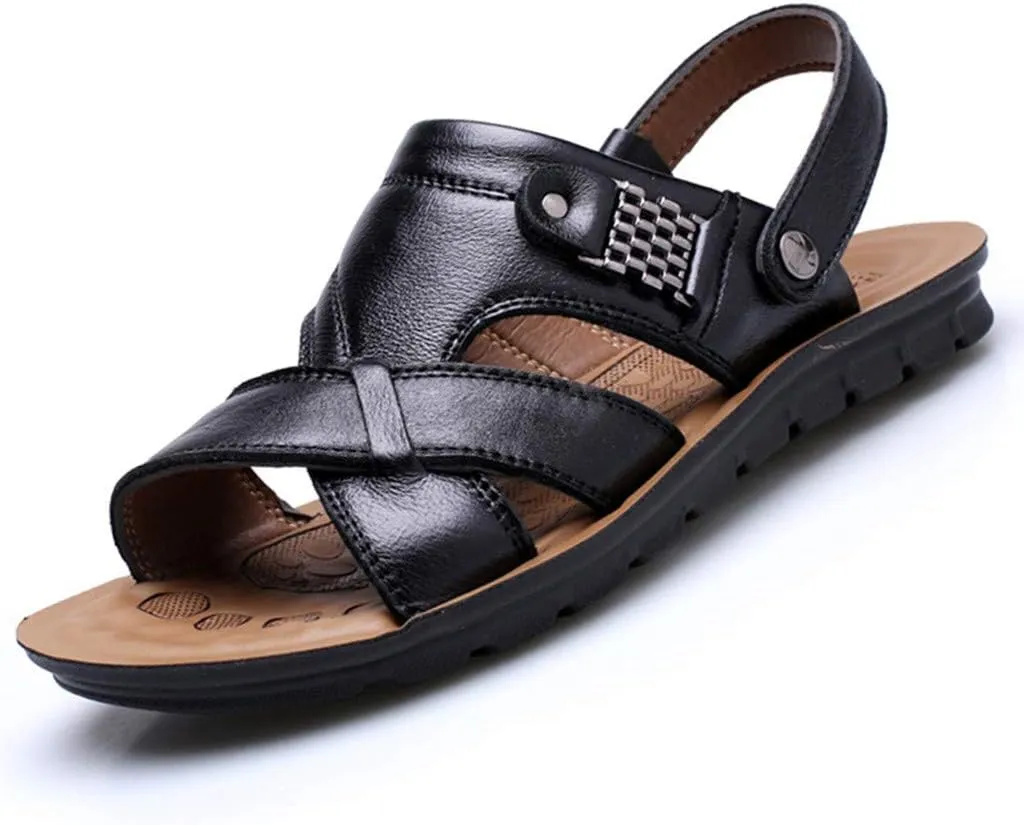 Leather Sandals for Men Dressy Orthopedic Sandals with Arch Support Wide Wdth Adjustable Buckle Sports Slides Cross Strap House Slippers