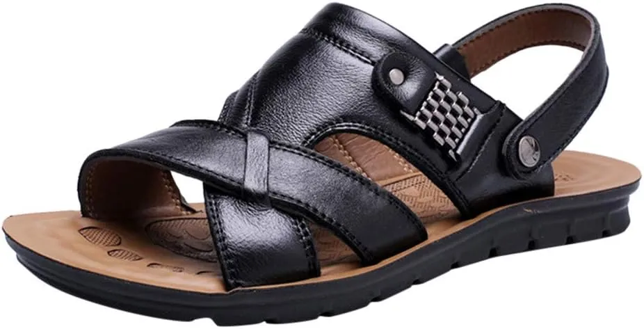 Leather Sandals for Men Dressy Orthopedic Sandals with Arch Support Wide Wdth Adjustable Buckle Sports Slides Cross Strap House Slippers