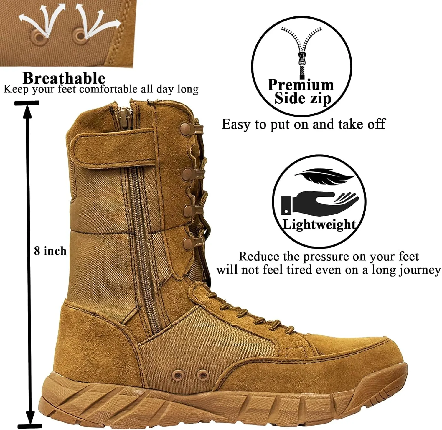 Lightweight Mens Tactical Shoes Combat Boots Coyote Brown Boots Military Training Lace Up Outdoor Hiking Breathable Army Shoe Side Zipper