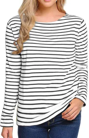 LilyCoco Womens Striped Long Sleeve Shirt Boat Neck Tops Breton Loose Fit Tshirt