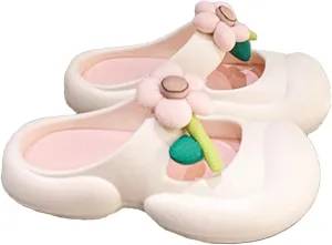 Loizziuy Women's Summer Floral Round-Toe Slip-On Sandals with Kawaii Flower Detail Thick Sole Boho Fairy Indoor Outdoor Slippers