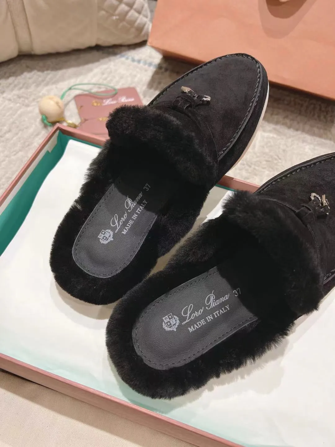 LP Charms Walk Babouche Loafer Black Suede With Rabbit Fur Lining 206239