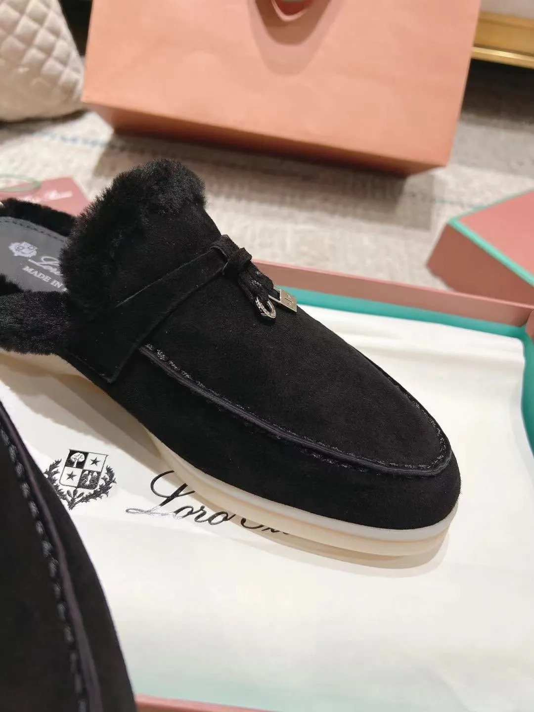 LP Charms Walk Babouche Loafer Black Suede With Rabbit Fur Lining 206239