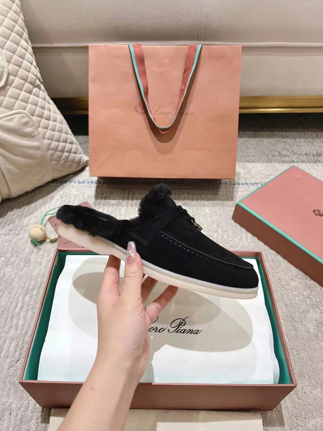 LP Charms Walk Babouche Loafer Black Suede With Rabbit Fur Lining 206239