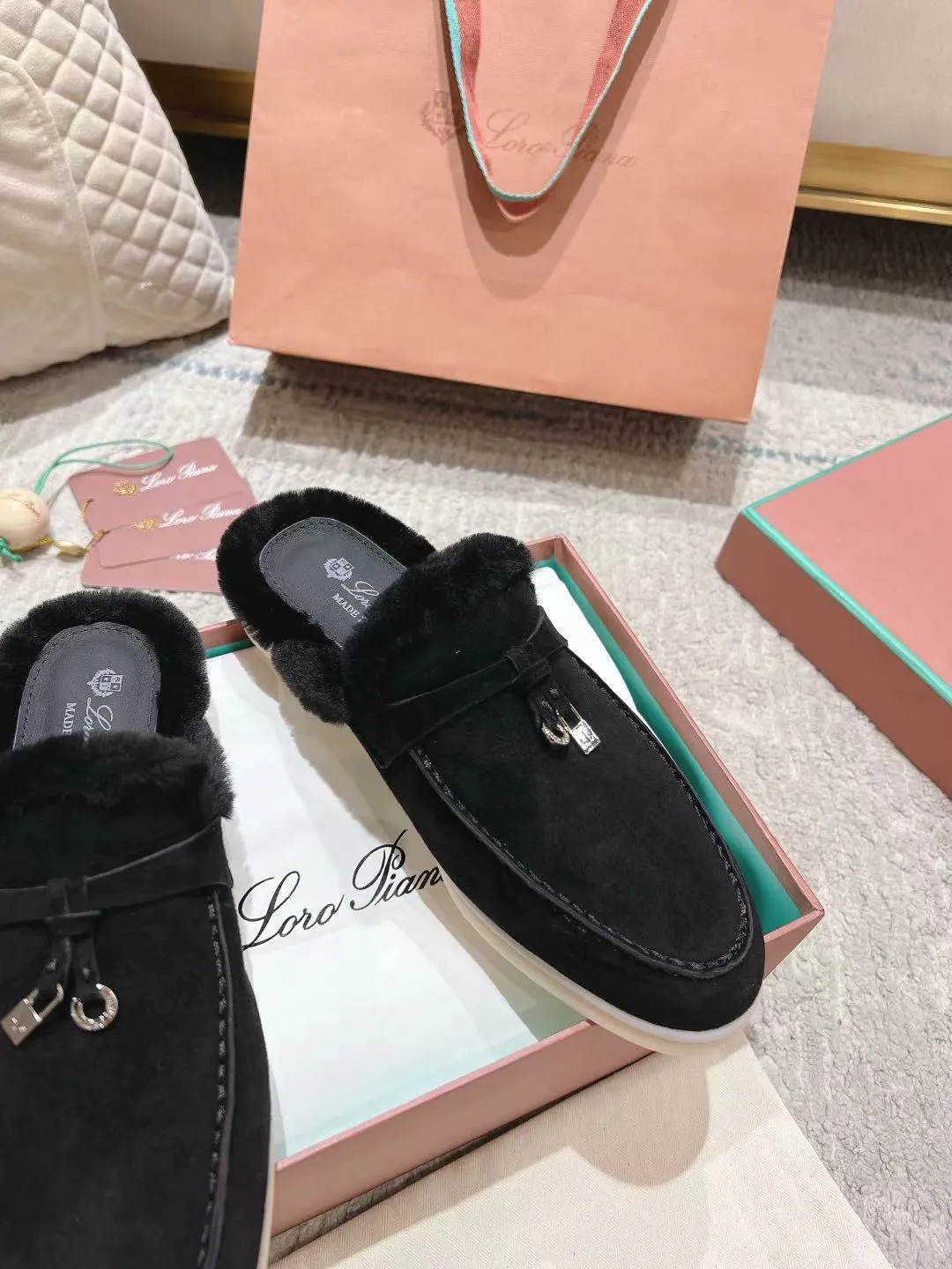 LP Charms Walk Babouche Loafer Black Suede With Rabbit Fur Lining 206239