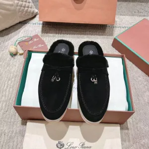 LP Charms Walk Babouche Loafer Black Suede With Rabbit Fur Lining 206239