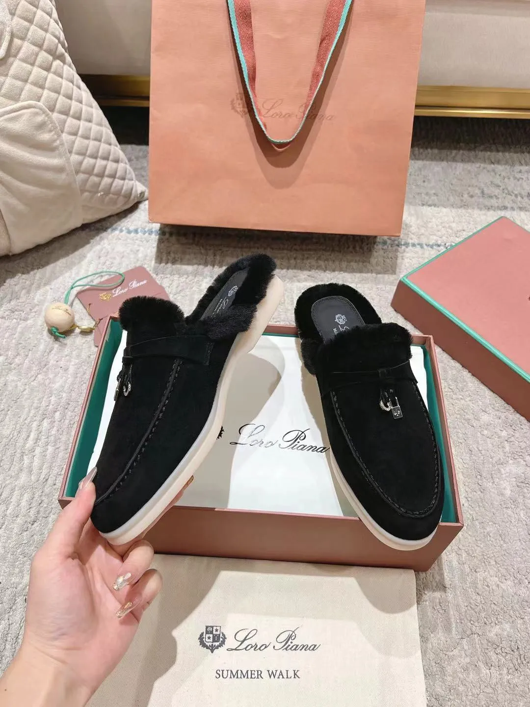 LP Charms Walk Babouche Loafer Black Suede With Rabbit Fur Lining 206239