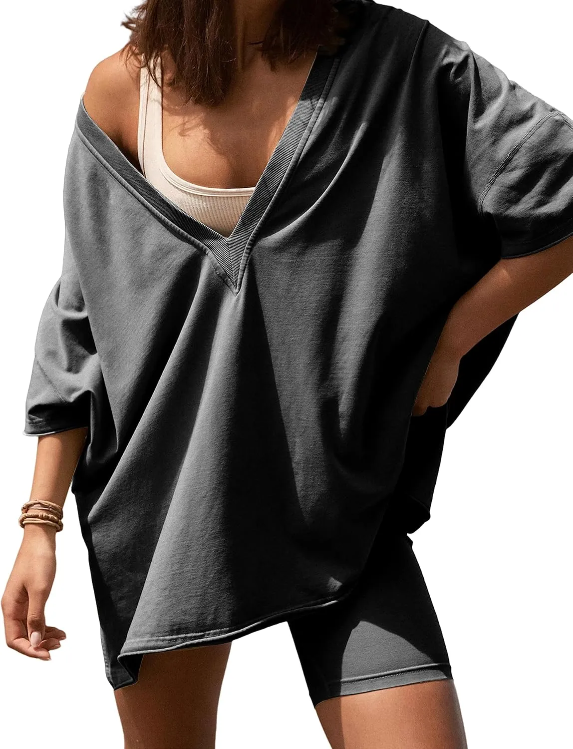 LTSCNRM 2 Piece Outfits for Women Reversible Oversized T Shirt Biker Shorts Sets Workout Tracksuit