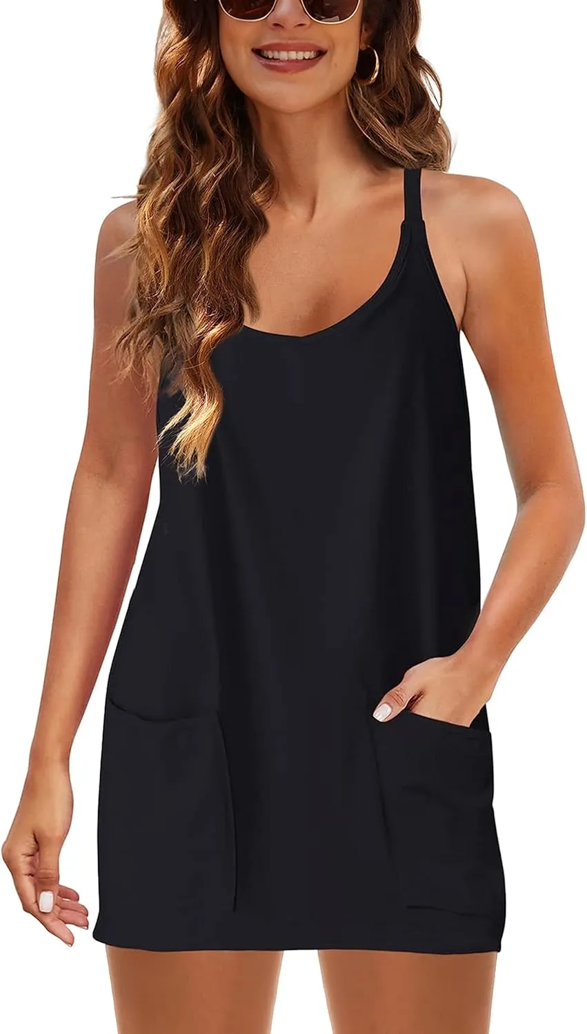LTSCNRM Women's Tennis Dress Workout Mini Dress Built-in Shorts Sleeveless Spaghetti Straps Golf Athletic Dresses