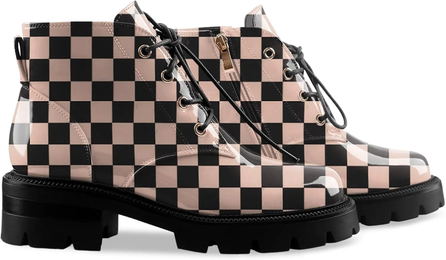 Lug Sole Chunky Heel Short Combat Boots Fashion Ankle Booties Low Heeled Platform Black Oxford Shoes with Side Zipper and Lace Up for Women Ladies Cute