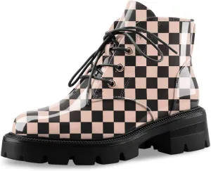 Lug Sole Chunky Heel Short Combat Boots Fashion Ankle Booties Low Heeled Platform Black Oxford Shoes with Side Zipper and Lace Up for Women Ladies Cute