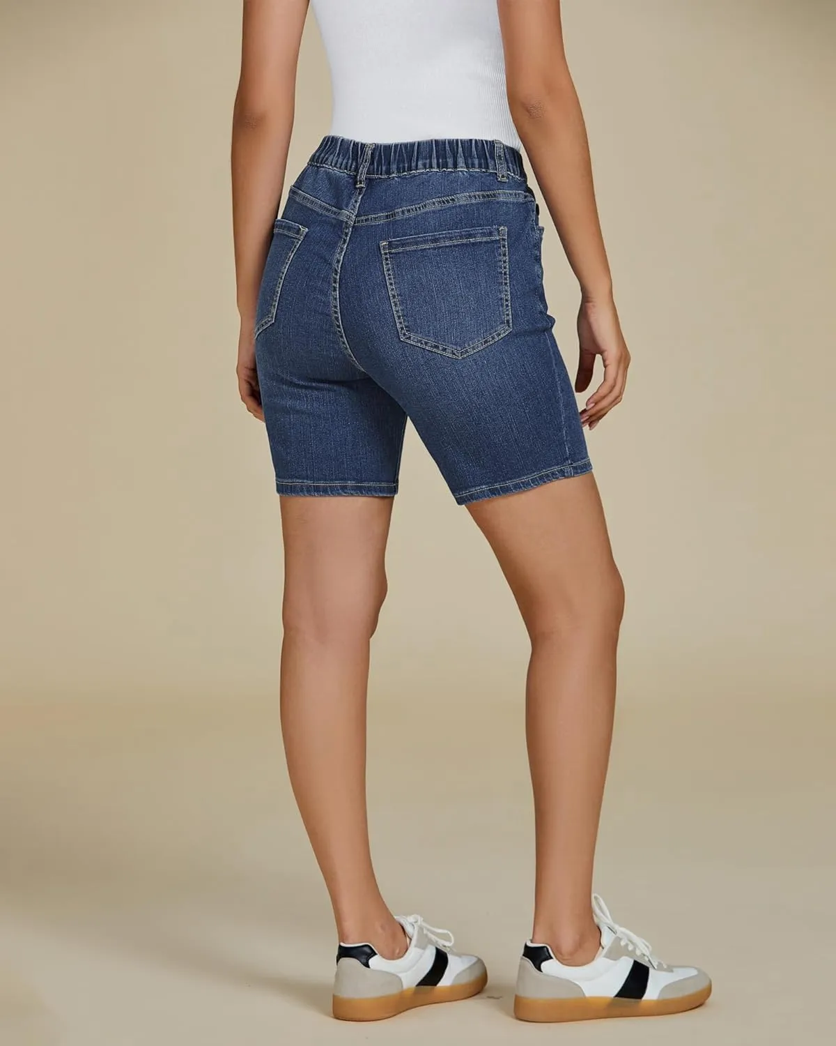 luvamia Jean Shorts for Women Trendy Pull On Mid Rise Elastic Waist Summer Casual Stretchy Long Denim Walking Shorts