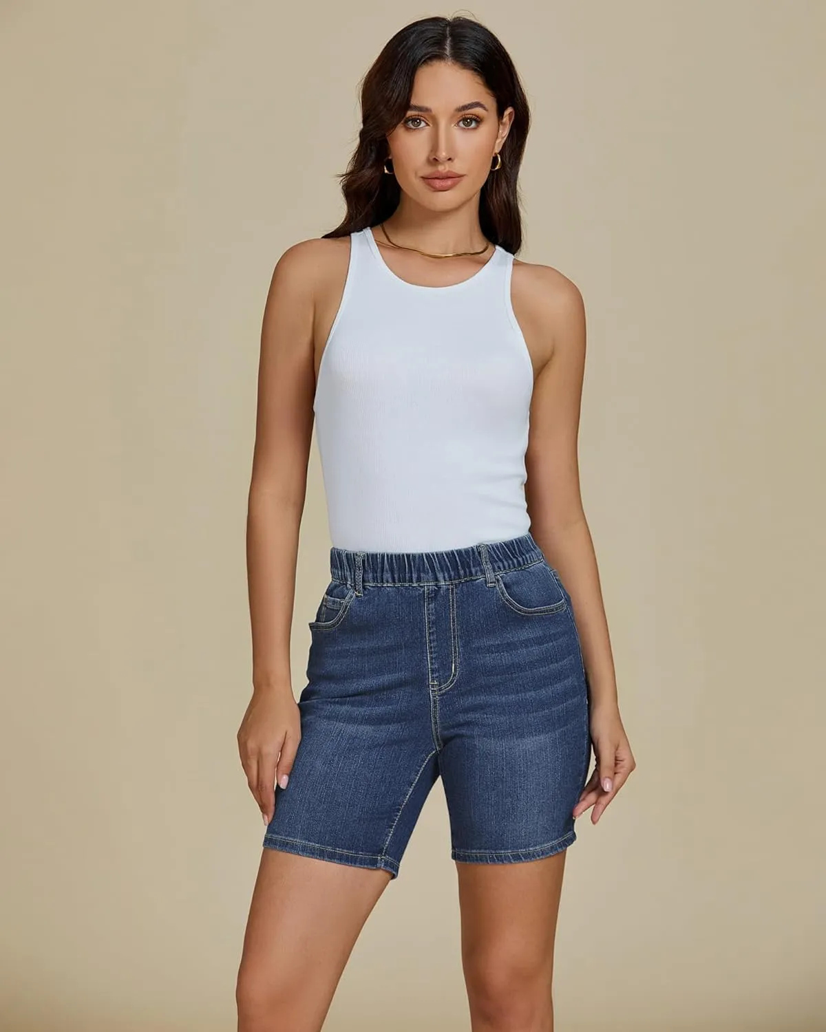 luvamia Jean Shorts for Women Trendy Pull On Mid Rise Elastic Waist Summer Casual Stretchy Long Denim Walking Shorts