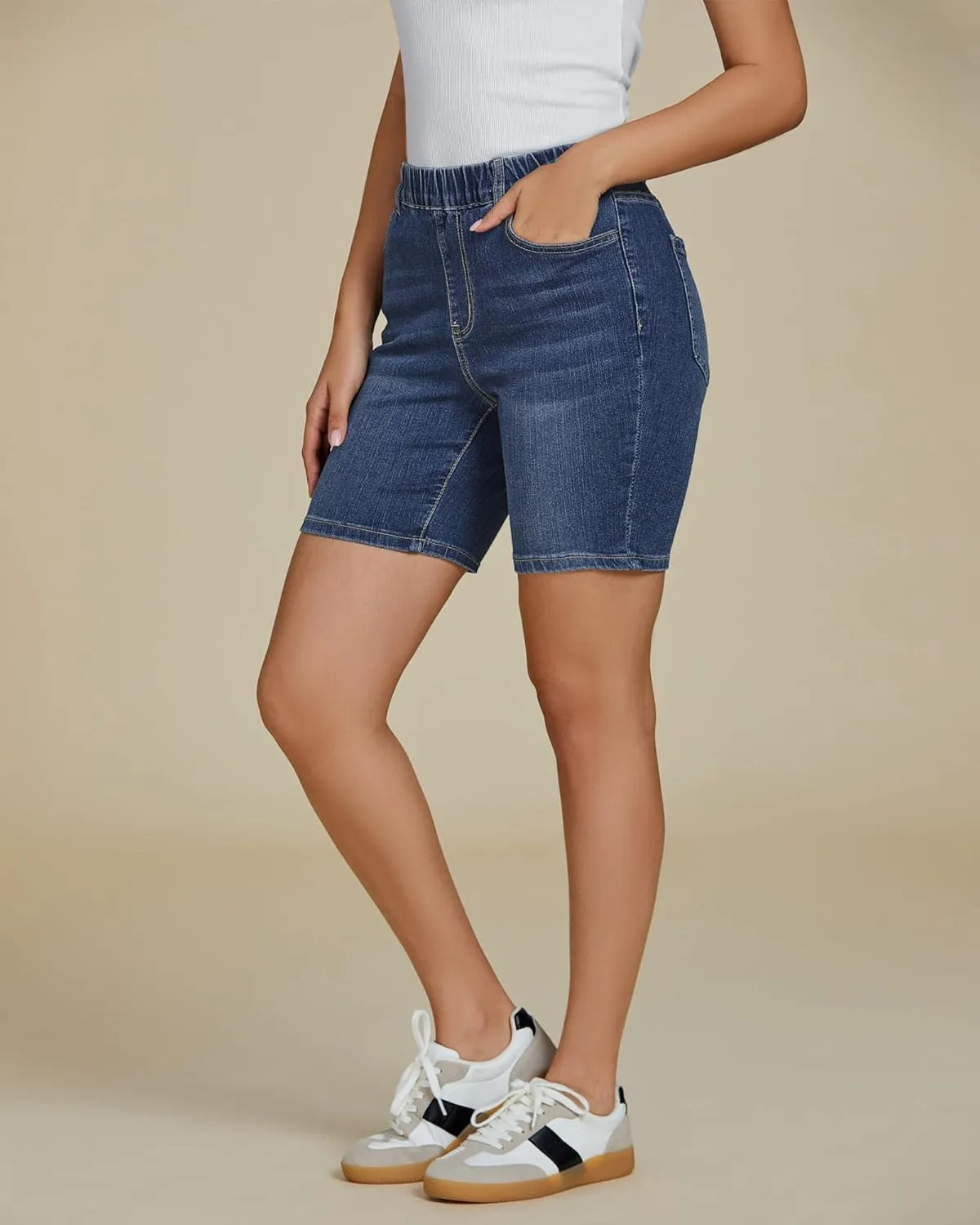 luvamia Jean Shorts for Women Trendy Pull On Mid Rise Elastic Waist Summer Casual Stretchy Long Denim Walking Shorts