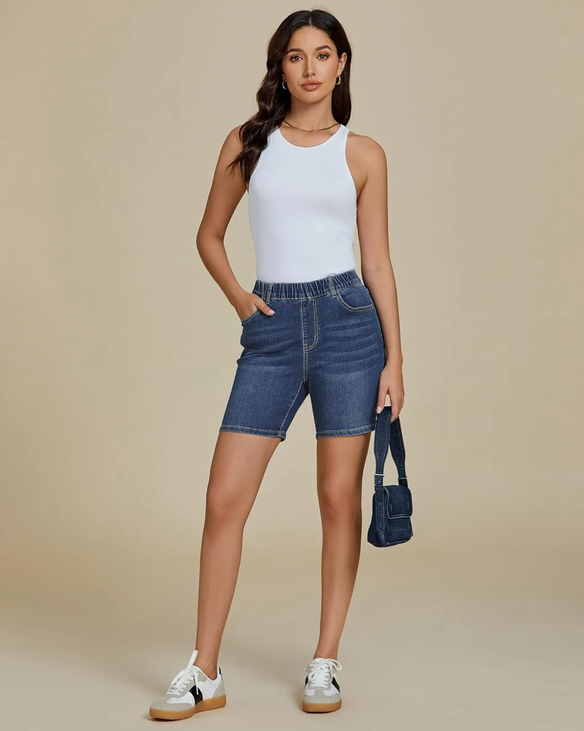 luvamia Jean Shorts for Women Trendy Pull On Mid Rise Elastic Waist Summer Casual Stretchy Long Denim Walking Shorts