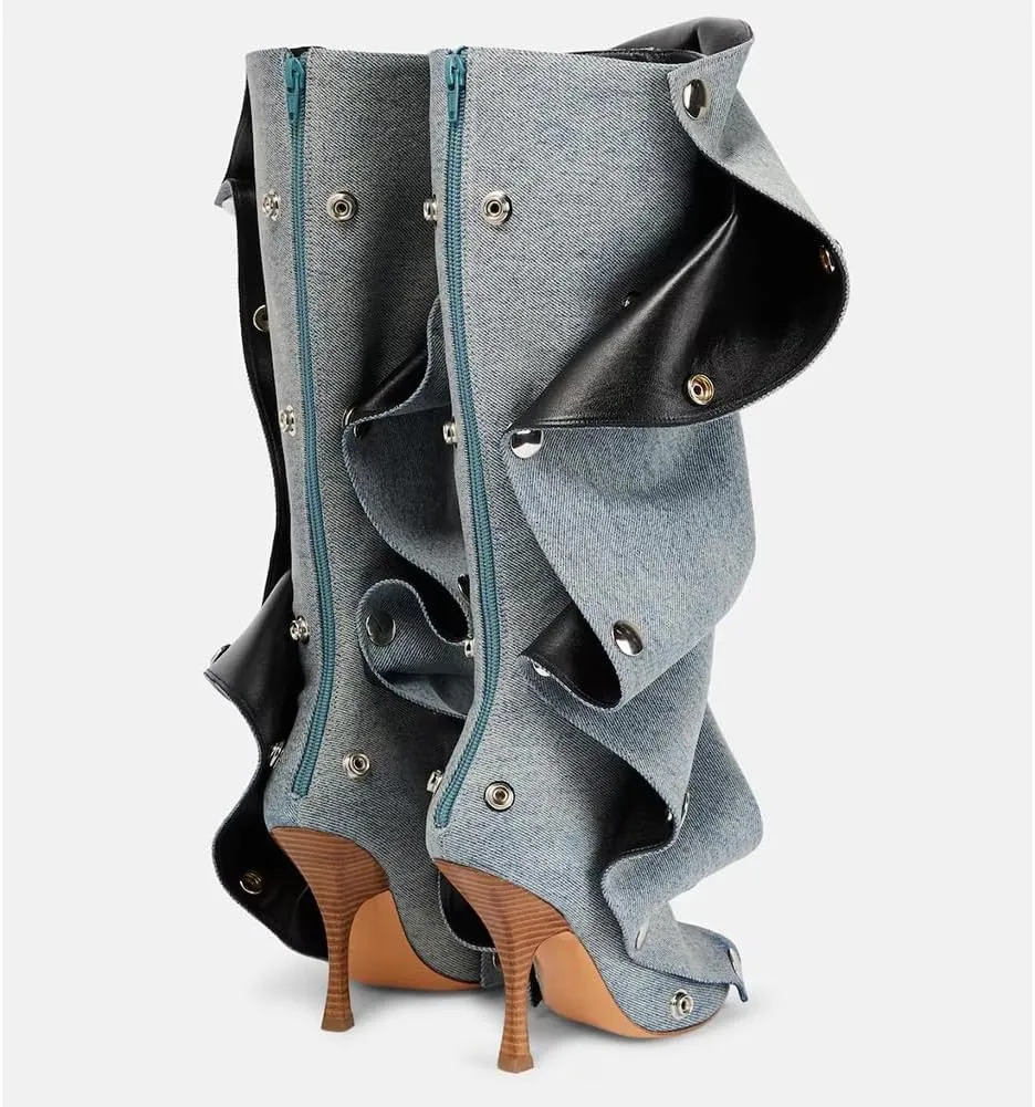 Mattiventon Women's Stiletto Knee High Boots Slouchy High Heel Boots Pointed Toe Boot with Zipper Fashion Slouchy Ruched Boot