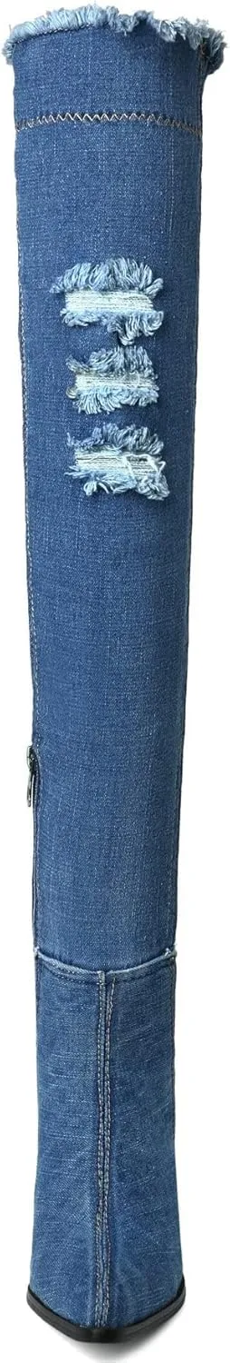 MAVMAX Denim Ankle Boots for Women Pointed Toe Chunky High Heel Jeans Denim Blue Short Mid Calf Booties with Side Zipper