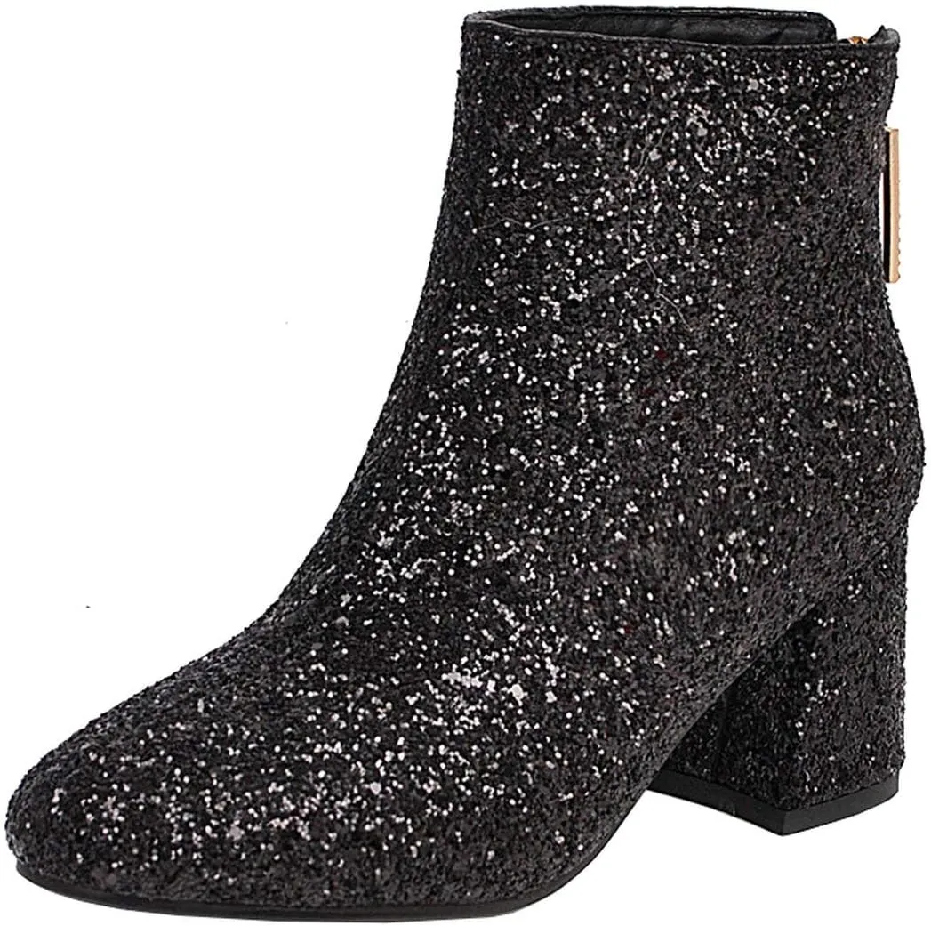 MAVMAX Women's Sequin Glitter Ankle Boots Chunky Heels Sparkly Booties
