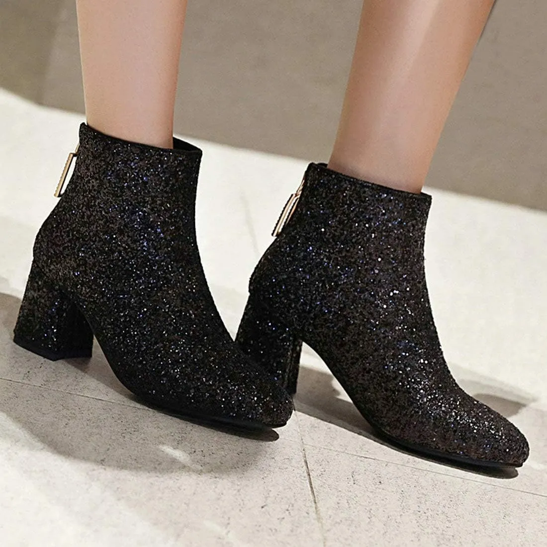 MAVMAX Women's Sequin Glitter Ankle Boots Chunky Heels Sparkly Booties