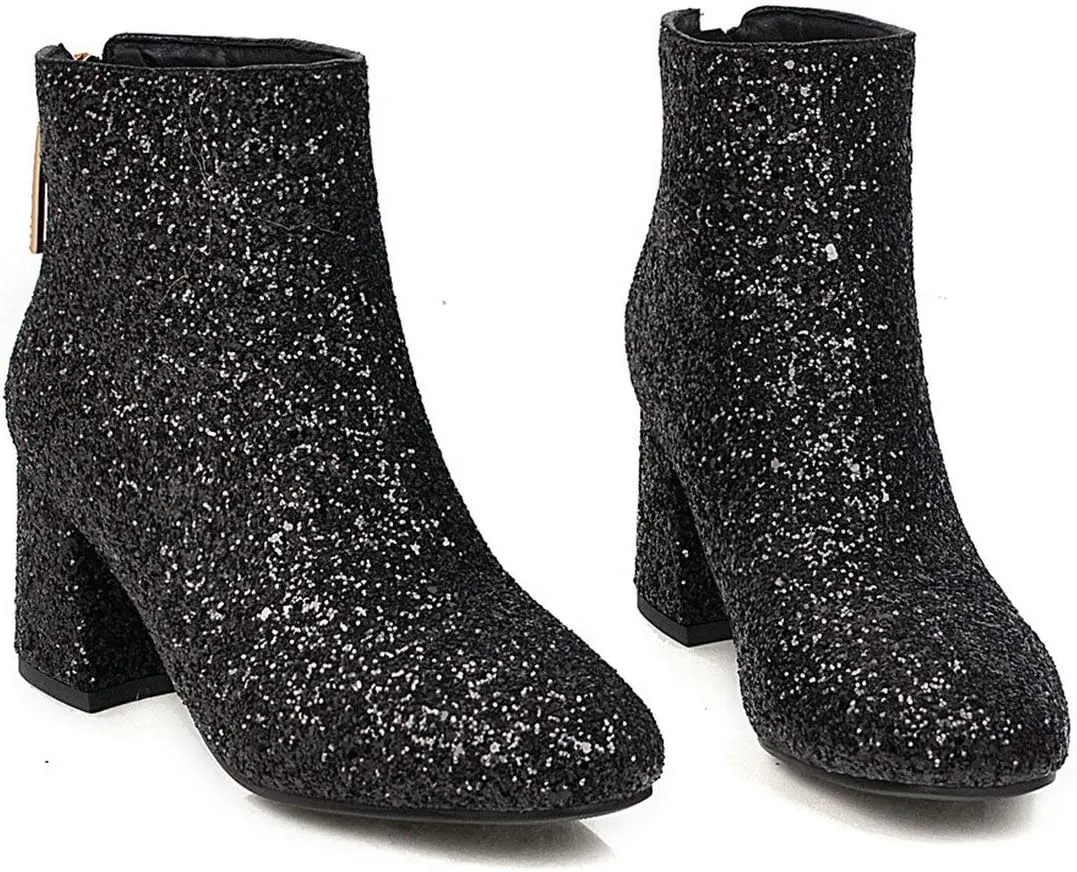 MAVMAX Women's Sequin Glitter Ankle Boots Chunky Heels Sparkly Booties