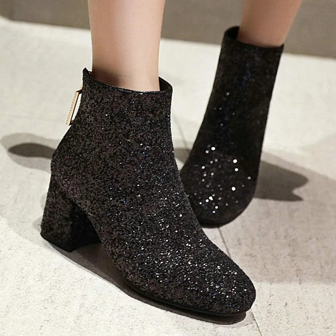 MAVMAX Women's Sequin Glitter Ankle Boots Chunky Heels Sparkly Booties