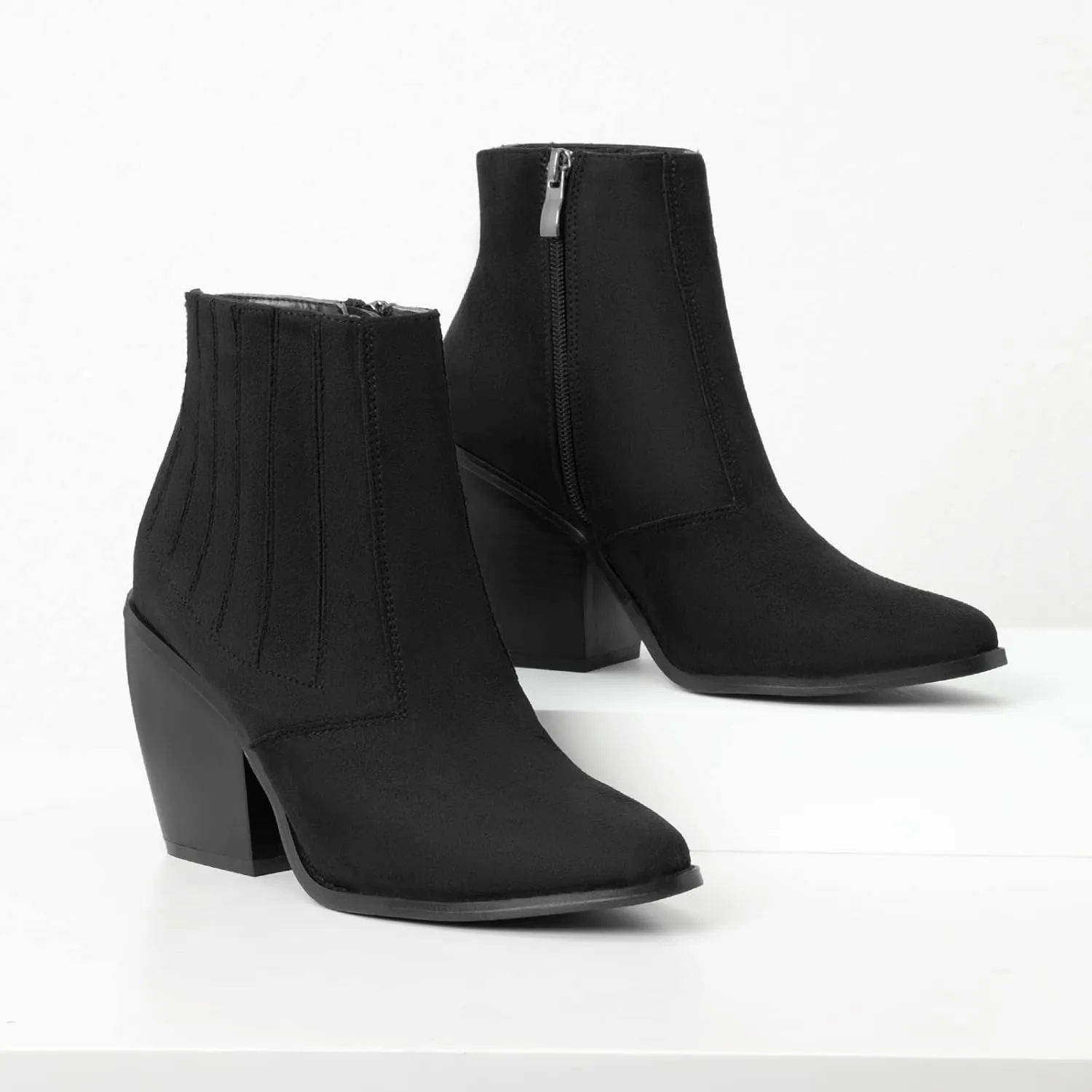 MaxMuxun Women's Chunky Heel Boots Ankle Boots for Women Western Booties Faux Leather Pointed Toe Chelsea Fall Boots for Women 2024