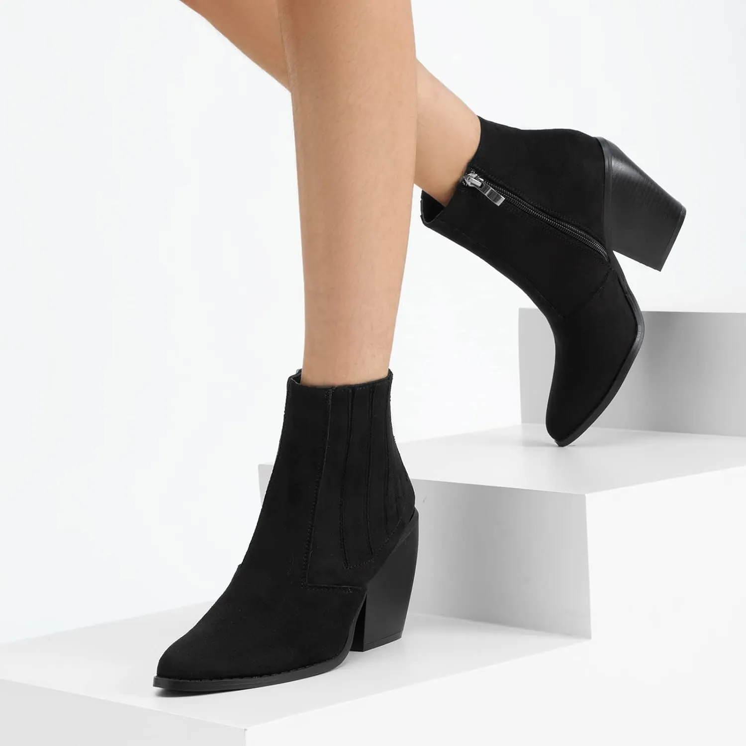 MaxMuxun Women's Chunky Heel Boots Ankle Boots for Women Western Booties Faux Leather Pointed Toe Chelsea Fall Boots for Women 2024