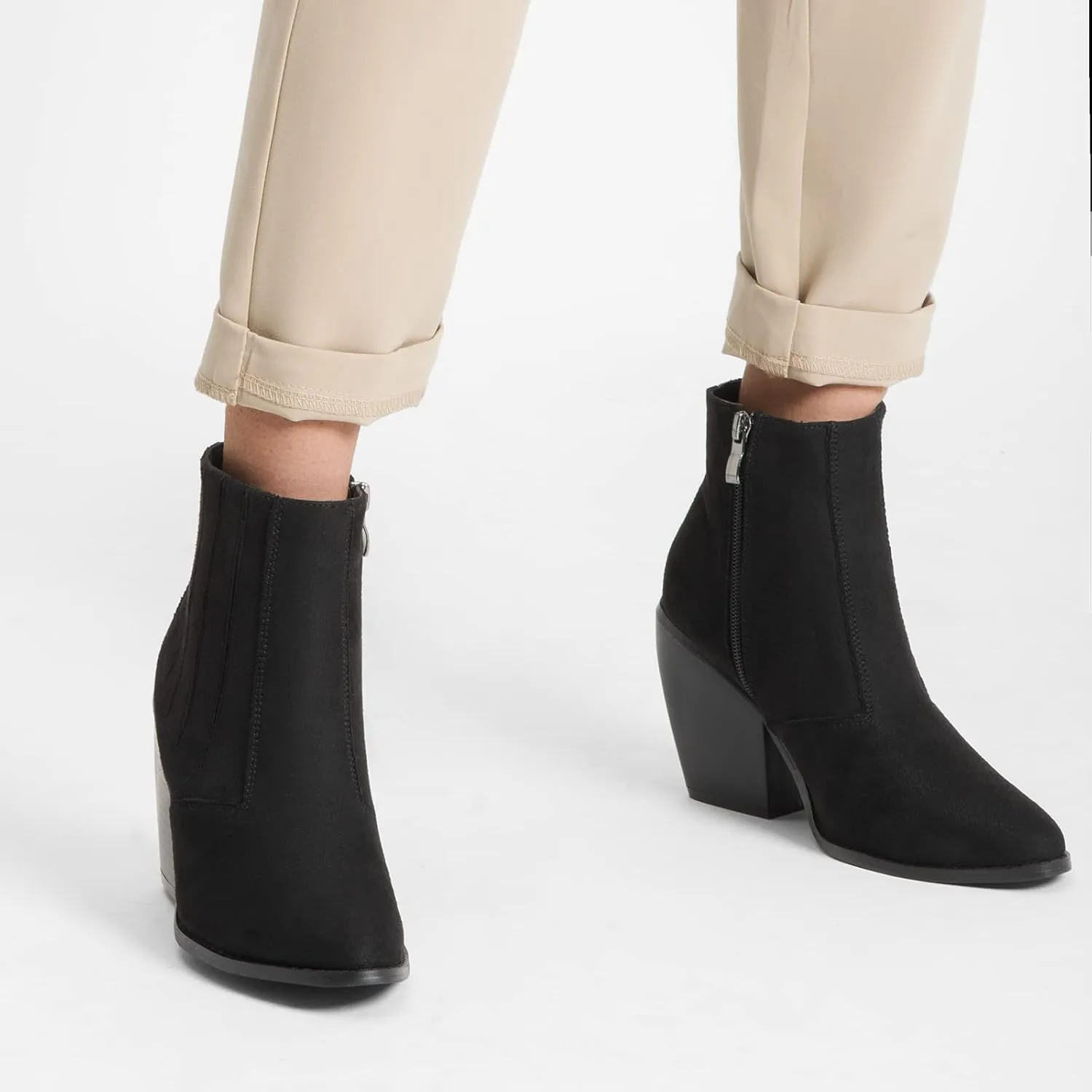 MaxMuxun Women's Chunky Heel Boots Ankle Boots for Women Western Booties Faux Leather Pointed Toe Chelsea Fall Boots for Women 2024