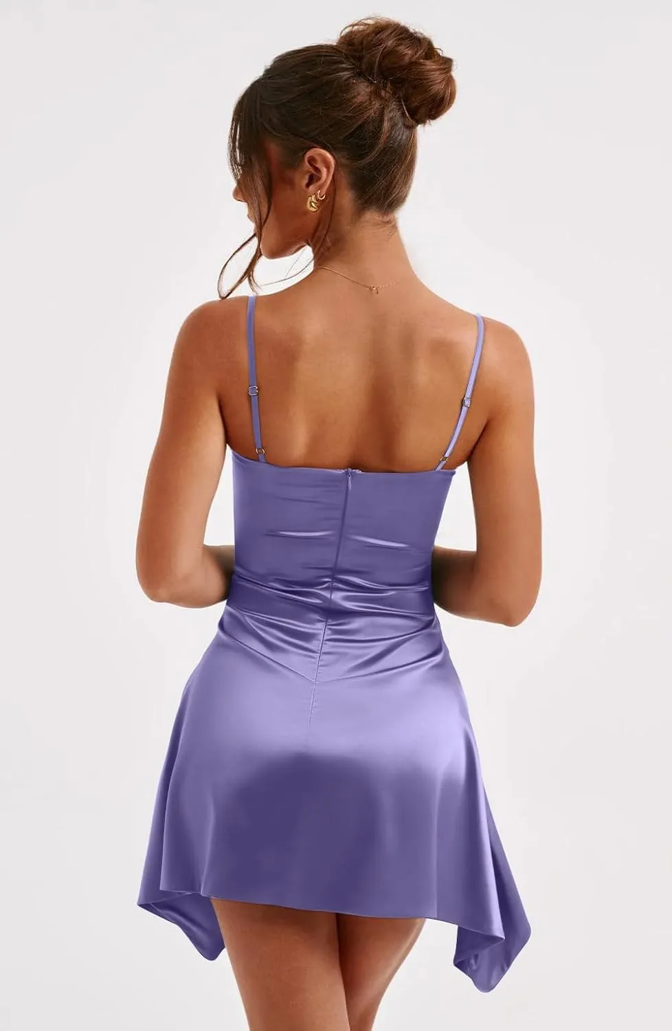 Memoriesea Women's Satin Sleeveless Spaghetti Strap Ruched Sexy Mini Club Party Dress